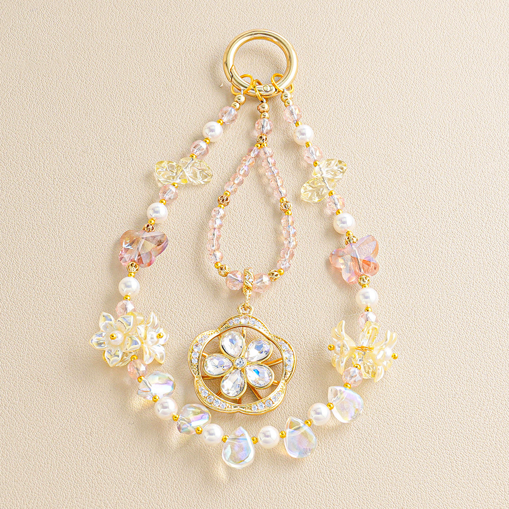 Cristal transparente con cuentas, flor de cuerno de lirio, colgante de teléfono móvil, llavero, colgante de cadena trasera, decoración pequeña