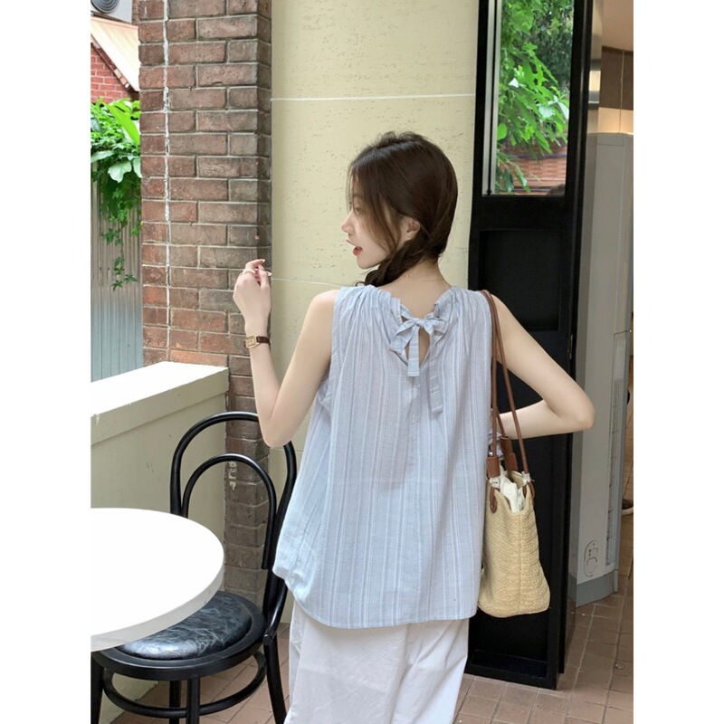 Real Shot of Korean Summer New Style Vertical Striped Shirt Vest, Loose and Versatile Tie-Up Sleeveless Camisole Top 13449