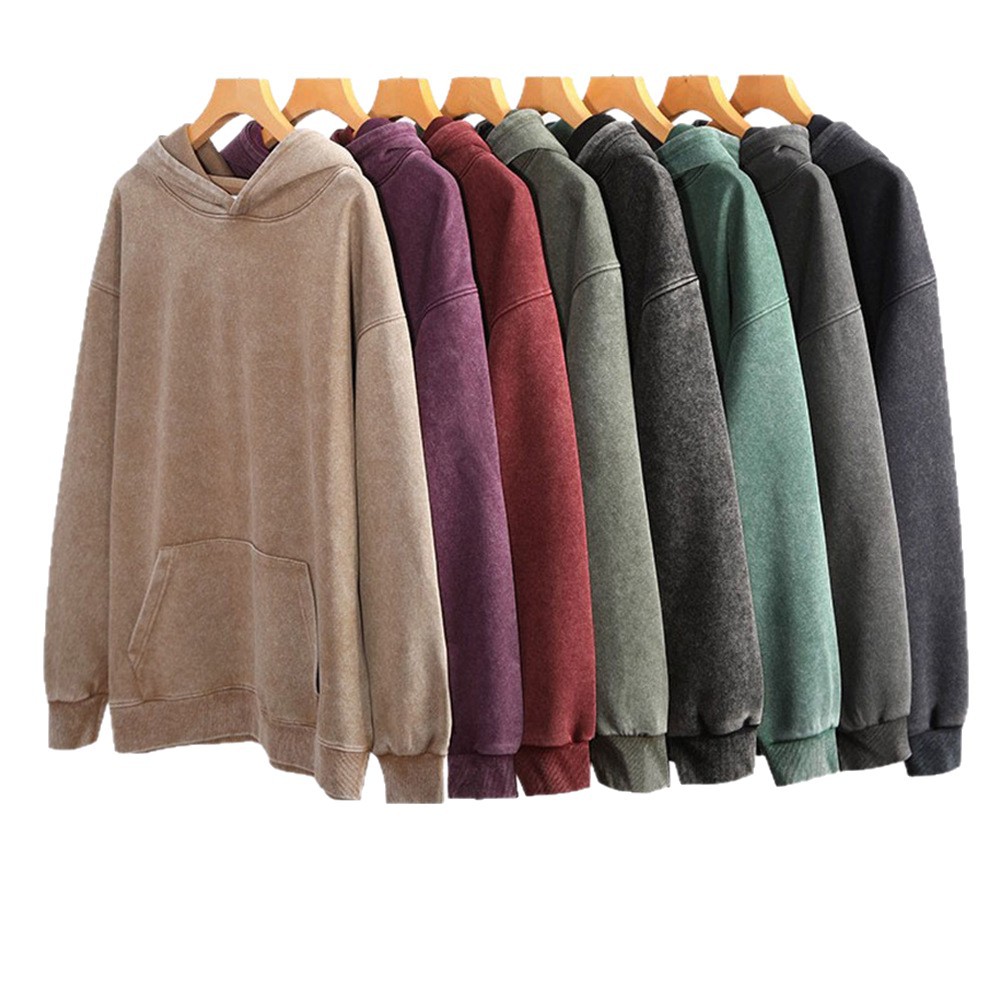 Sweat-shirt HuaMian en batik lavé, couleur unie tendance, coupe ample, polyvalent, style américain vintage et résistant, à capuche_voghion.com