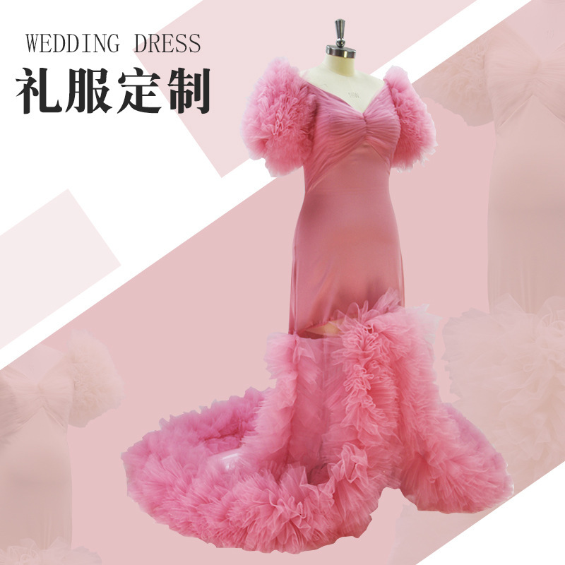 Factory Wholesale Cross-Border Mesh Maternity Wear Long Skirt Puff Sleeve Photo Shoot Dress Big Belly Mommy Wedding and Pregnancy Photo Studio