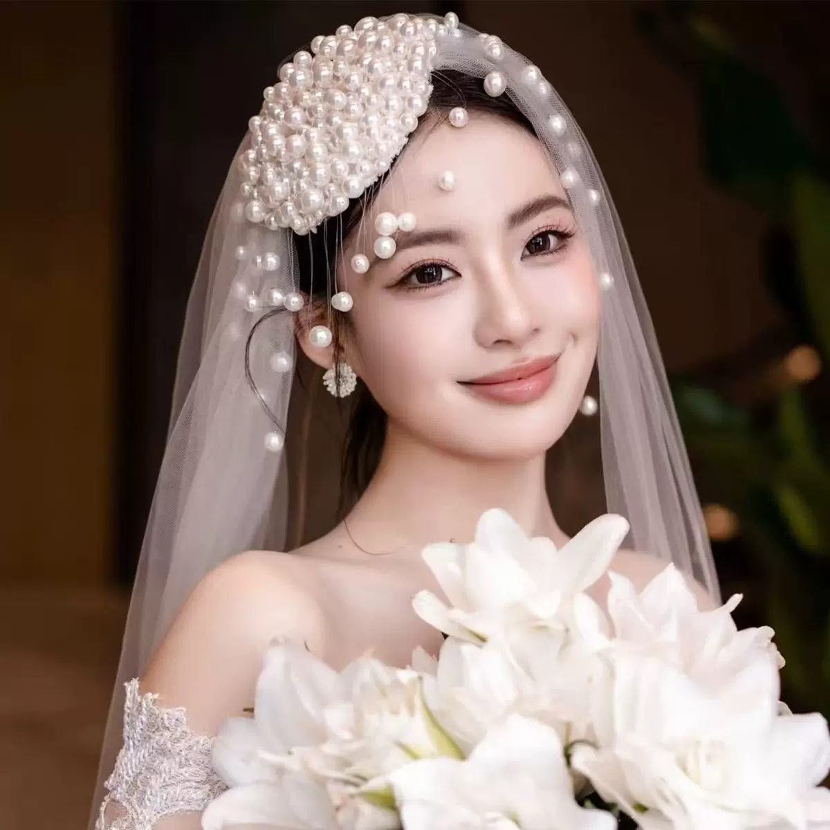 法式复古仿珍珠流苏头纱高级感气质发饰结婚婚礼拍照新娘饰品头饰