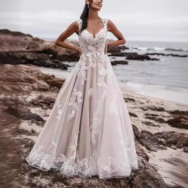 Vestido de novia estilo europeo y americano con tirantes, novedad 2026, vestido de encaje retro de cuello redondo y corte A, vestido de novia de encaje.