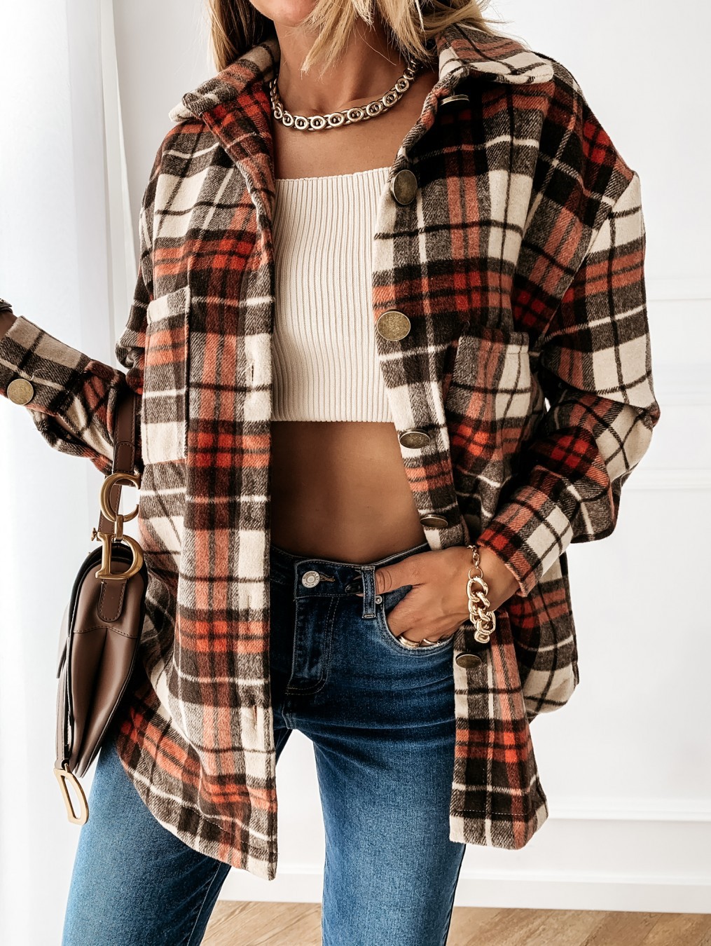 Loose Casual Retro Plaid Long Sleeve Shirt Coat in Coats & Jackets