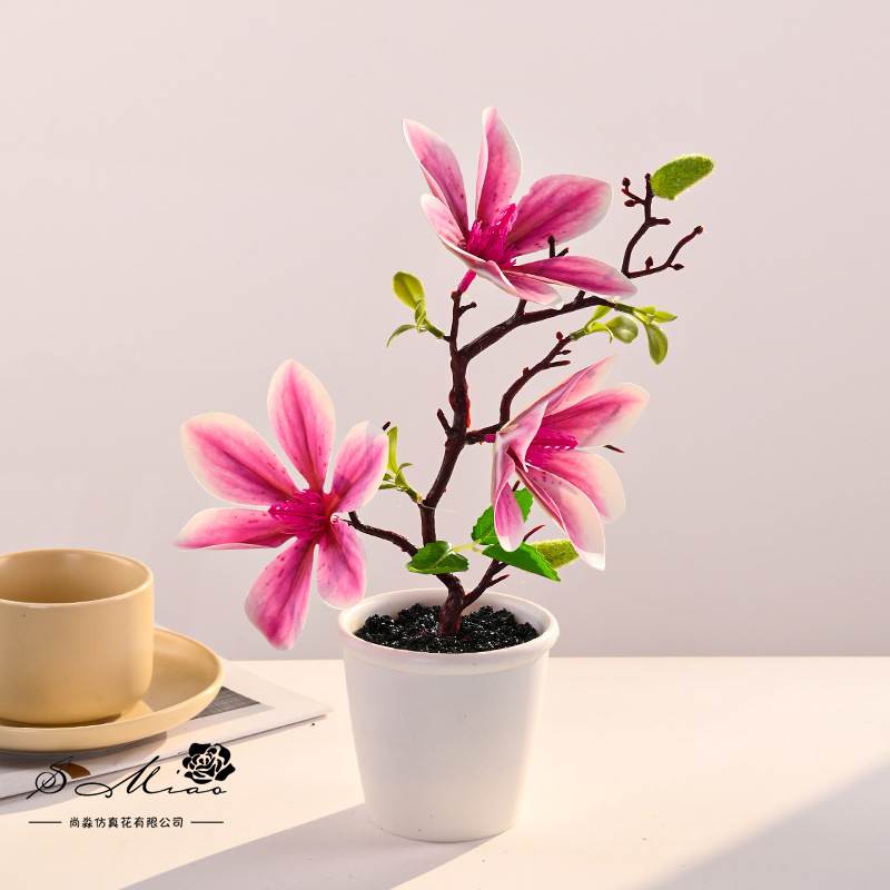 Bonsai de magnolia con sensación de tres cabezas, flores creativas de simulación, decoración de estudio fotográfico para el hogar, plantas verdes artificiales, plantas en macetas de simulación image 5