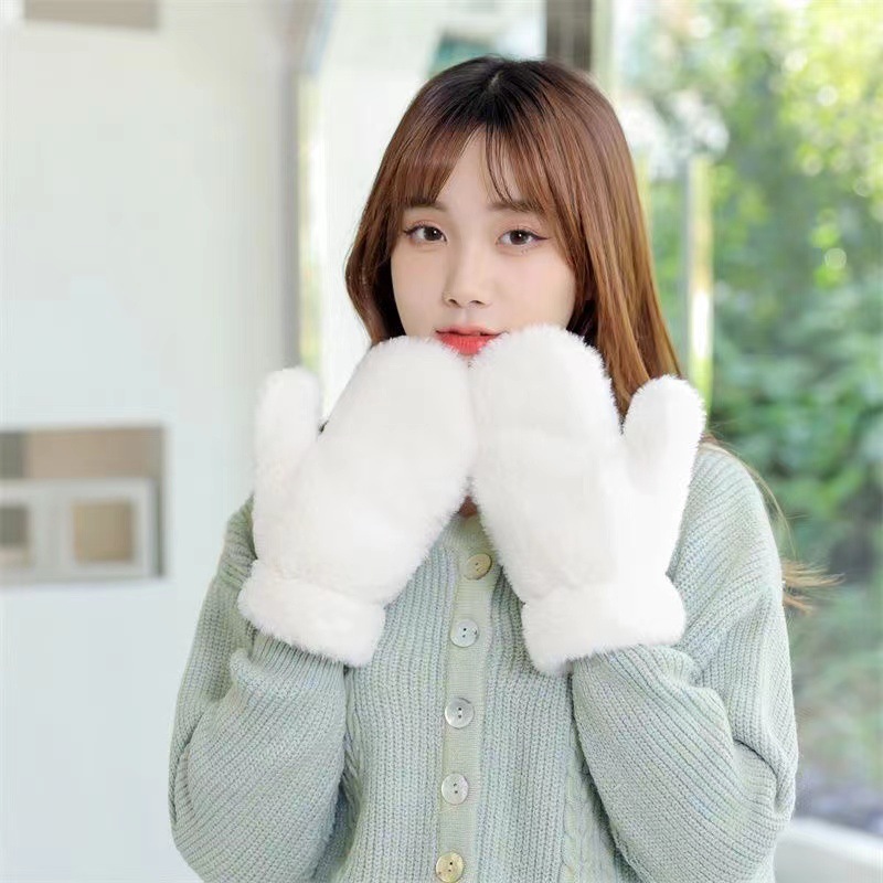 冬天学生韩版加厚白色厂家批发包指可爱猫爪卡通保暖毛绒手套女士