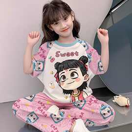 儿童睡衣女童夏季冰丝凉感短袖长裤家居服套装洋气小女孩卡通上衣