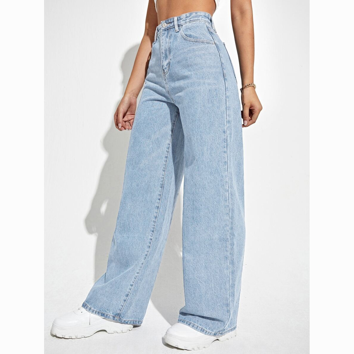 High-Waisted Straight Leg Jeans Women's Loose Fit Wide Leg Pants Solid Color European American Style Petite Size Autumn Winter_ecoleips.com