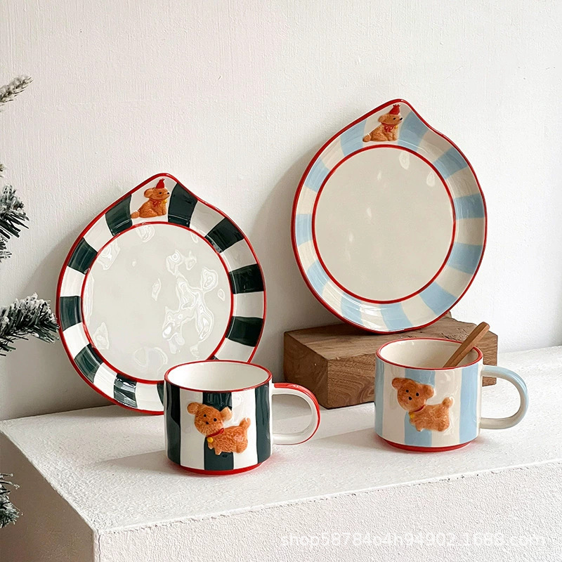 Cute puppy coffee cup saucer ceramic water cup ladies cup children's water cup mug breakfast plate birthday gift