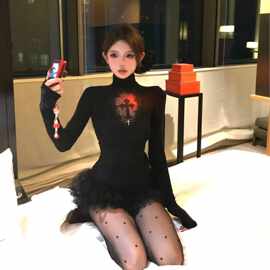 黑色高领十字架镂空长袖T恤女秋冬美式复古纯欲辣妹内搭打底上衣