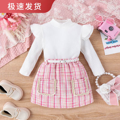 Baoxi children's clothing cross-border new European and American autumn and winter girls' high collar Long Sleeve T + woolen fabric short skirt with belt suit