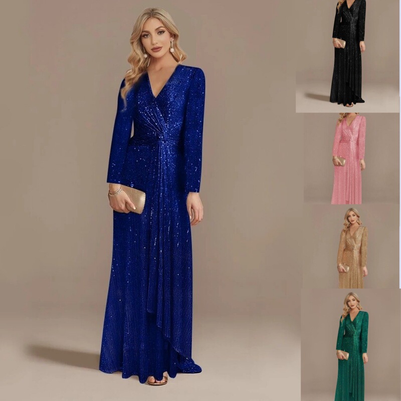 Europe and the United States cross-border new hot-selling dress spring solid color sequins long sleeve elegant socialite evening dress (5 colors)