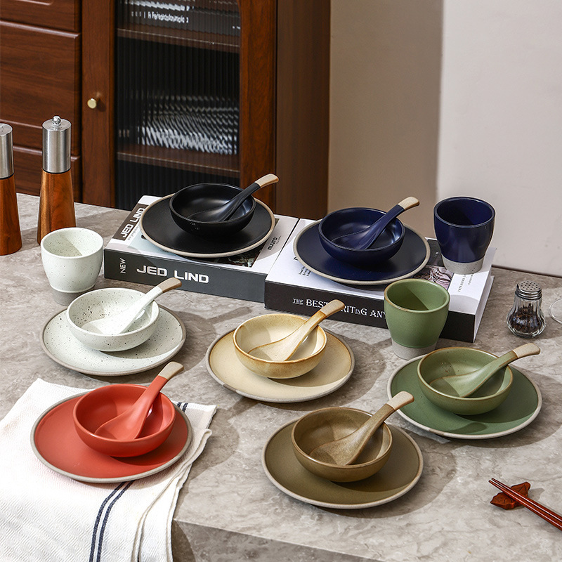 Cross-Border Stoneware Tableware, High-End Hotel Restaurant Commercial Four-Piece Tableware, Dishes and Spoons Set, Household Rice Bowl and Soup Bowl
