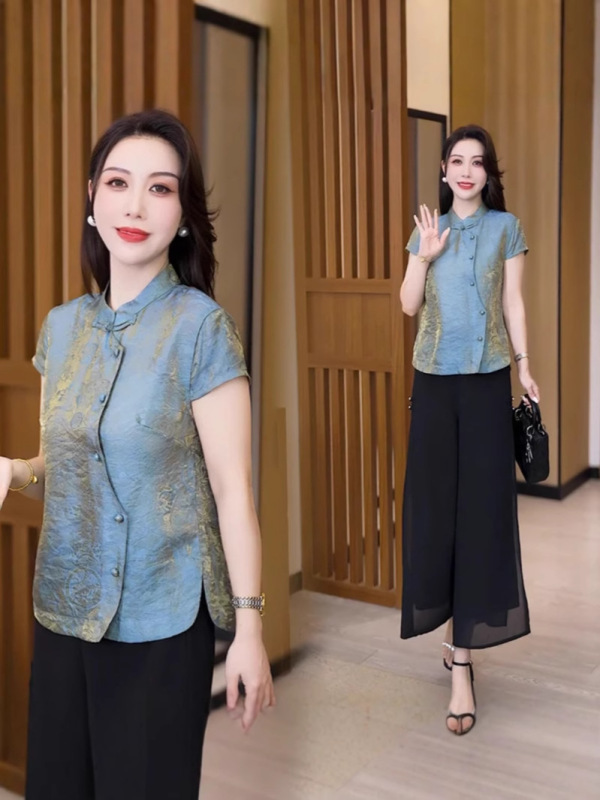 新しい中国風の女性の半袖スタンドカラーチャイナスタイルシャツトップ薄い女性のファッショナブルなTシャツ偏心ボトムシャツ大きいサイズ|undefined