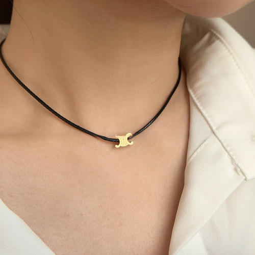 Minimalist Versatile Leather Titanium Steel Double C Letter Pendant Necklace for Women, Unique Design Retro Personality Choker Collar Necklace