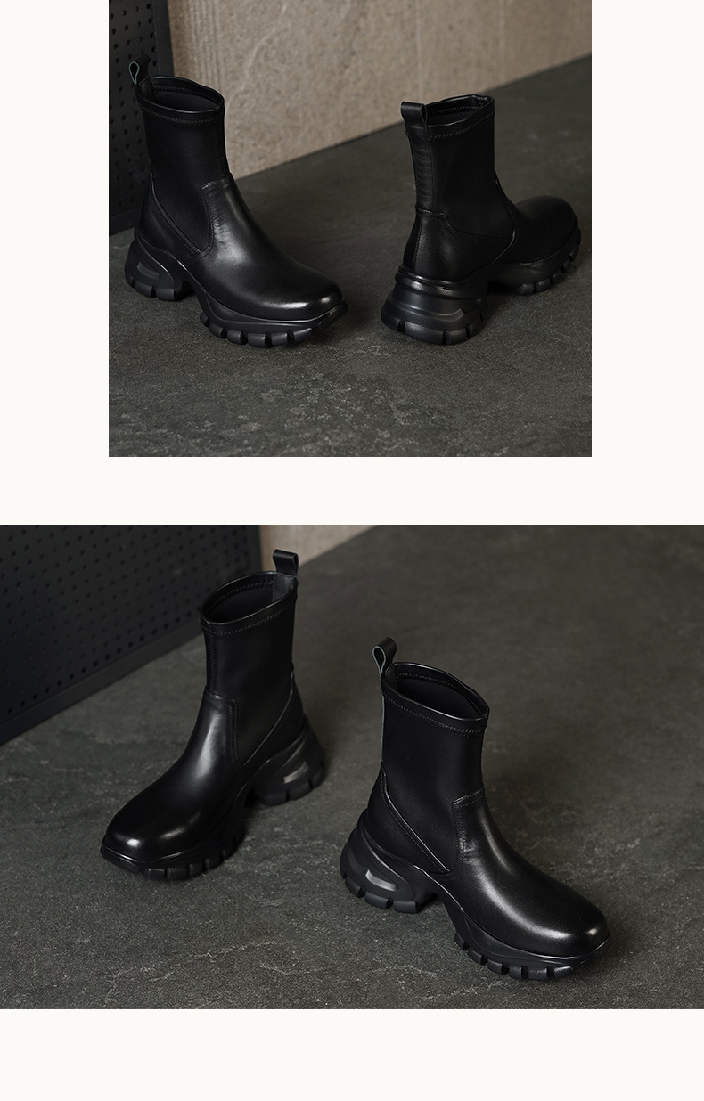 Boot da Chelsea nữ đế dày tăng chiều cao, cổ thun co giãn, dáng ôm chân — Lót nhung đen, Trong danh sách đen chi tiết 6
