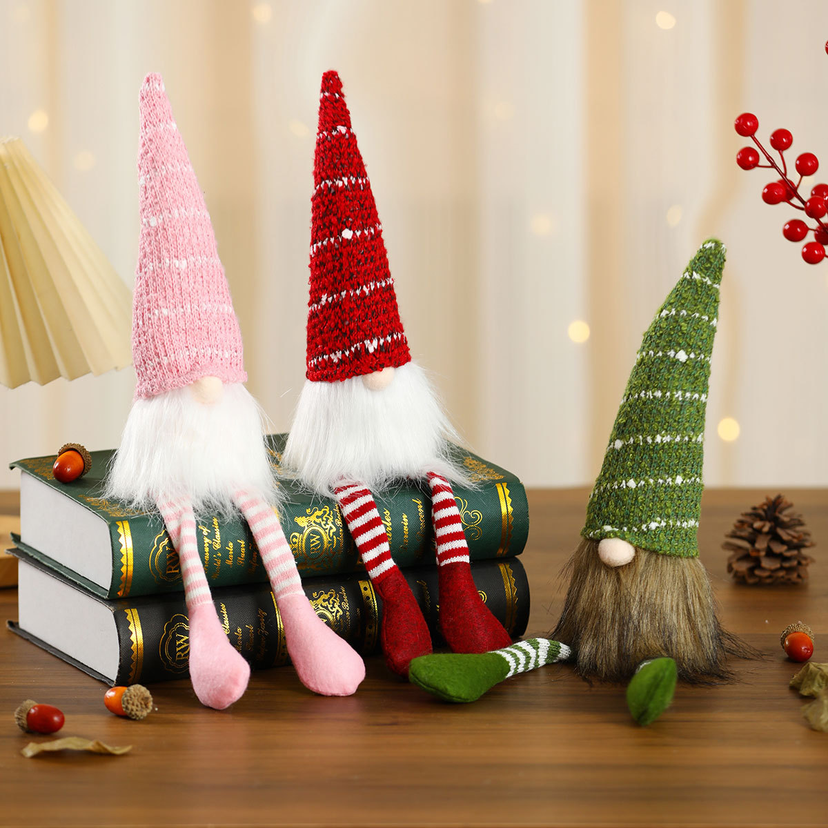 Muñeca de Navidad sentada adornos pequeños regalos sombrero de punto rayado Rudolph muñeca de piernas largas decoración para el hogar