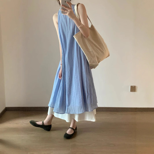 French stripe texture fake two-piece dress for women's summer new style loose slimming and draping temperament long dress