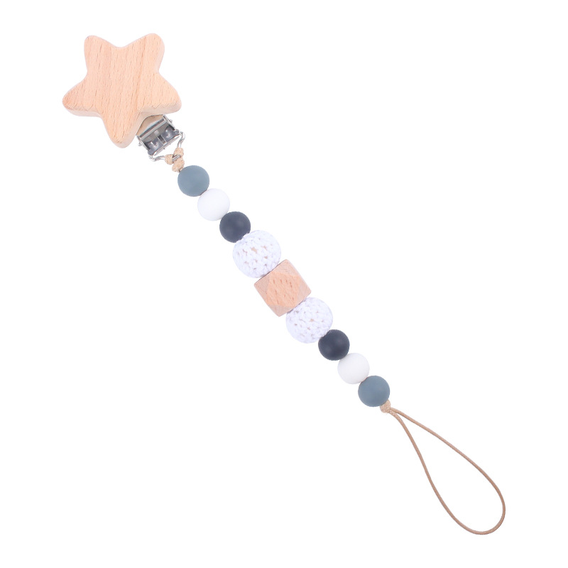 Nuevo bebé suministros estrella haya chupete clip bebé creativo madera octogonal mordedura silicona molar anti-gota cadena