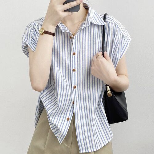 French Striped Chic Short-Sleeve Blouse Women's 2025 Summer New Unique High-End Minority Shirt