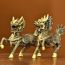 铜麒麟摆件一对黄铜火麒麟财客厅办公室纯家用福禄麒麟大号