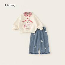 邦选湖州织里童装女童套装格子polo领卫衣花边牛仔裤儿童两件套