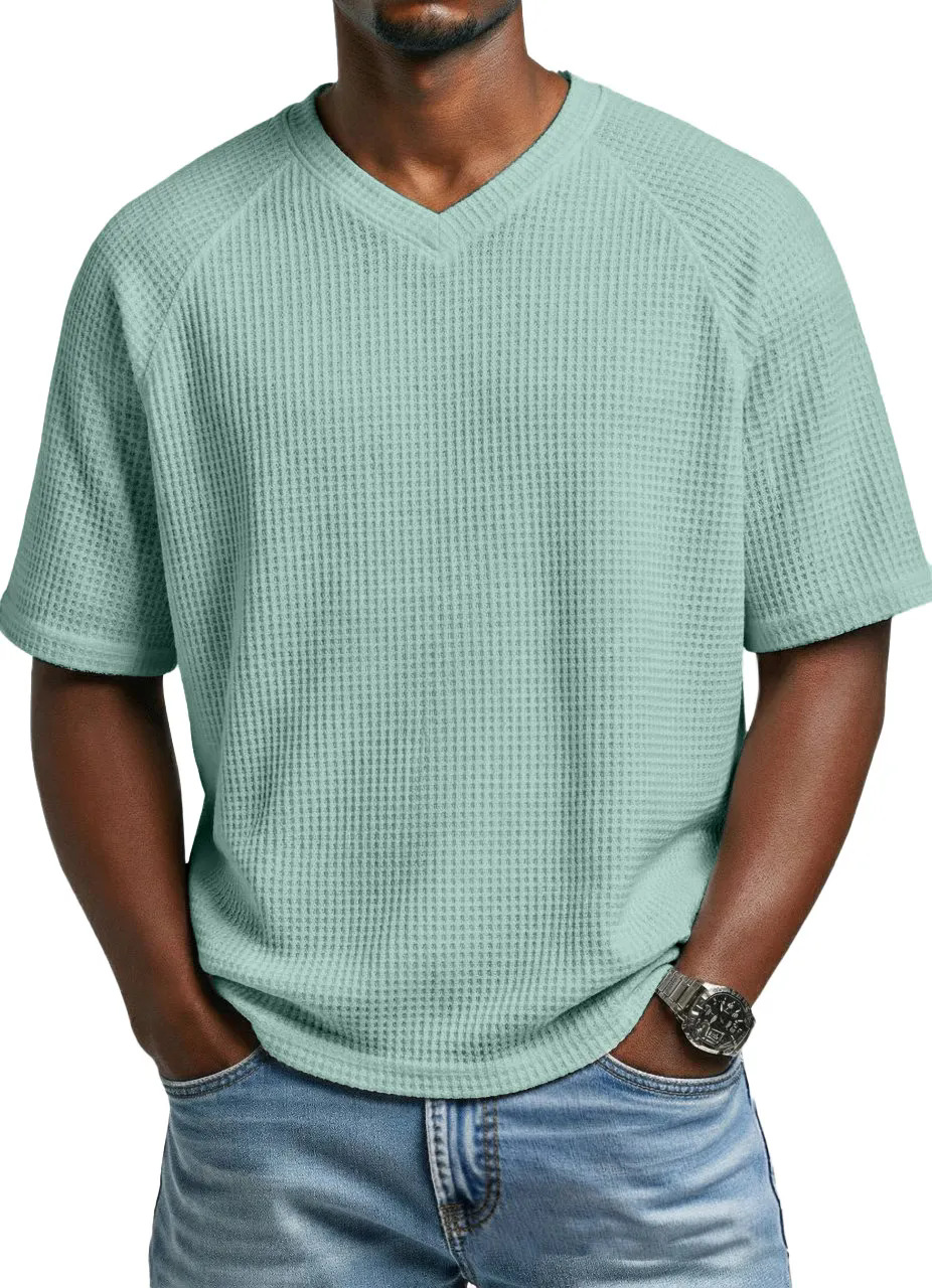 2026 Europa y América primavera y verano estación independiente transfronteriza hombre moda waffle de punto mangas de hombro de cuello en V camiseta de hombre de mangas cortas