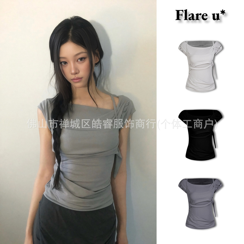 [in Stock] Korean Flare U* Layered Design Asymmetrical Short-Sleeved T-Shirt Top for Women New Summer Style