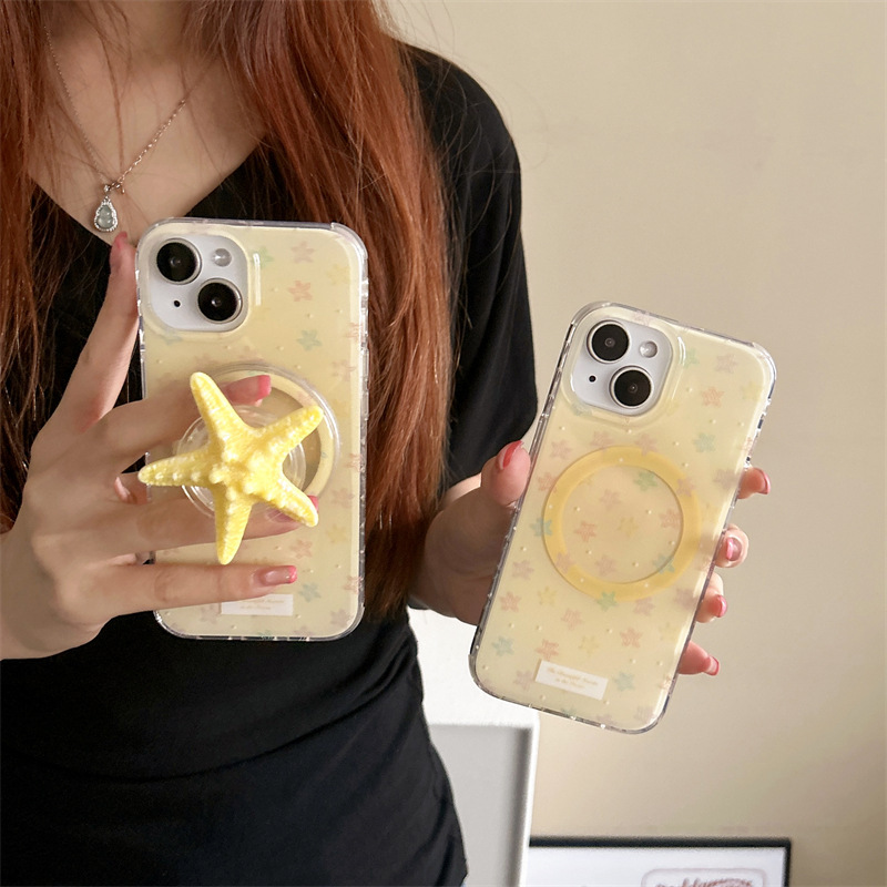 Estrella de mar amarilla fresca pequeña coreana para iPhone16 funda para teléfono móvil 15ProMax dibujos animados 14/13 atracción magnética 16P