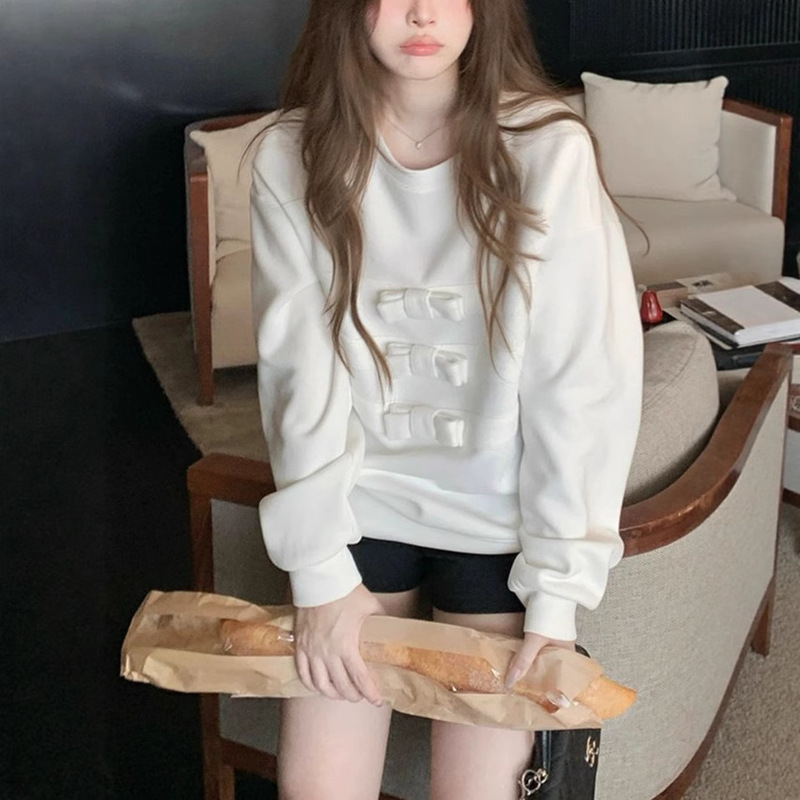 Sasaoui Bow Round Neck Long-Sleeved White Sweatshirt for Women 2025 New Style Super Nice Hooded Short Top
