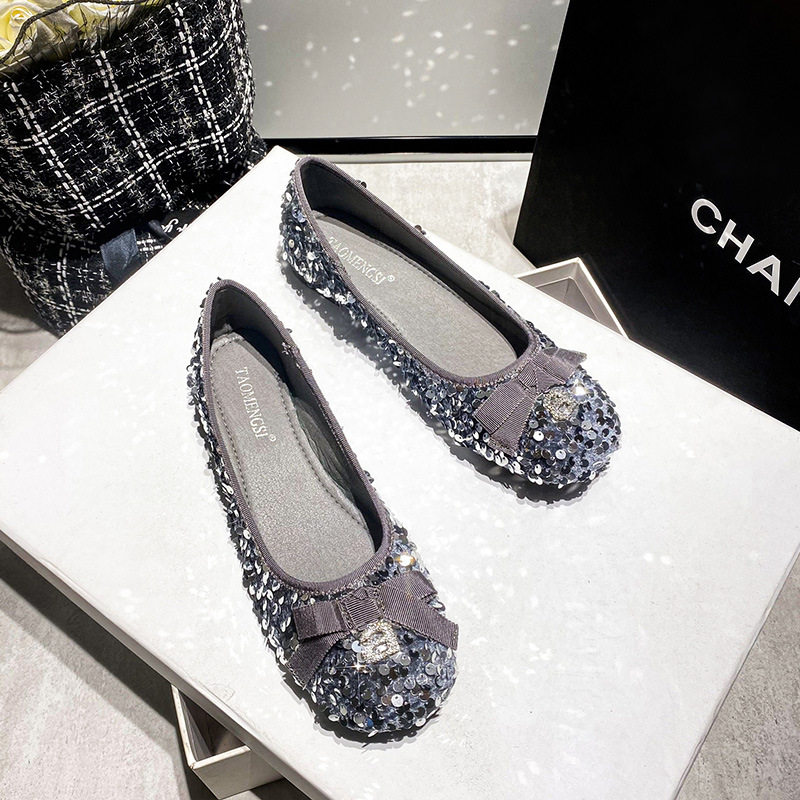 Giày búp bê nữ mũi vuông đế nhỏ đính sequin nơ, kiểu Mary Jane lười gót thấp 1–3 cm — Màu bạc, Màu đen