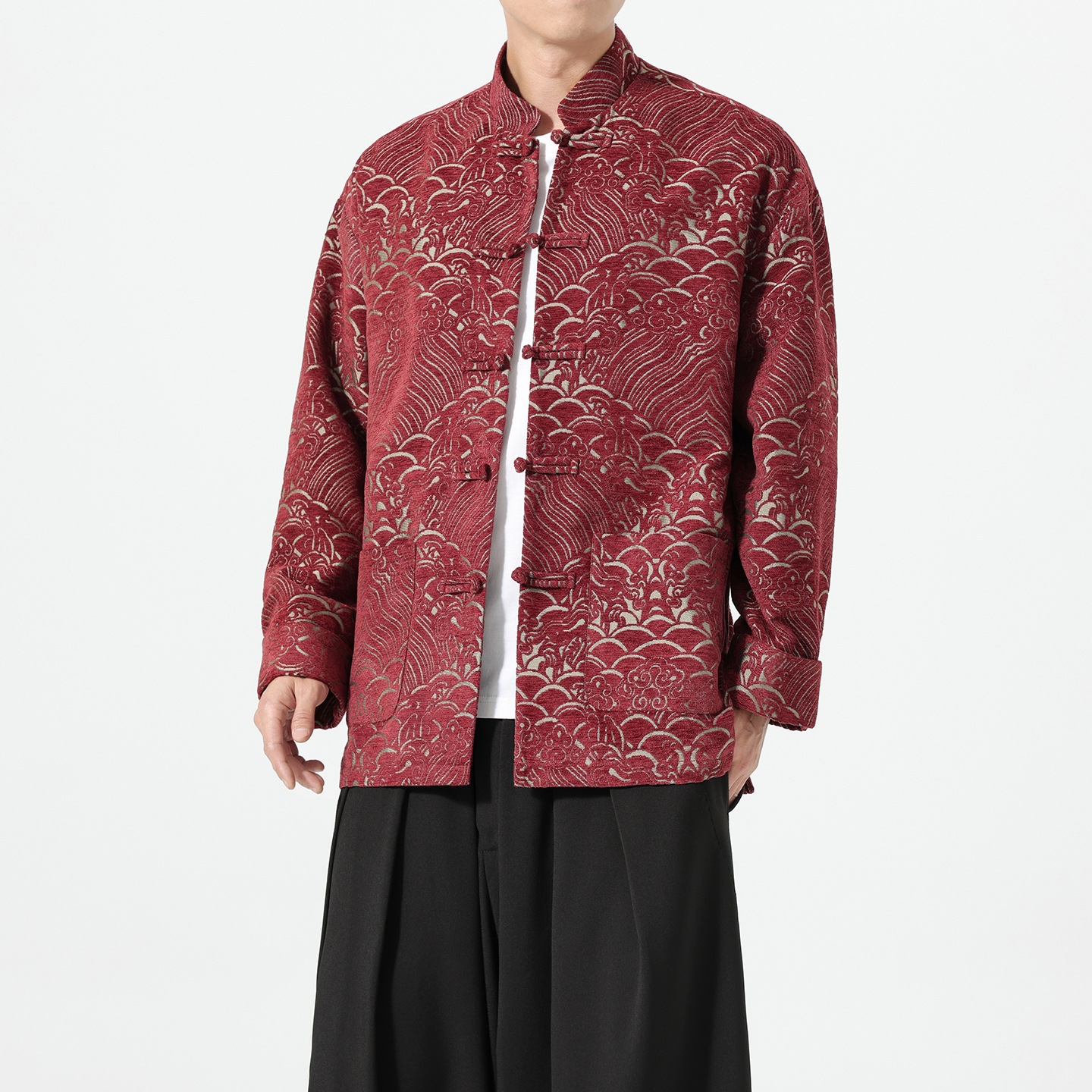2026 Autumn/Winter Chenille Wave Pattern Jacquard Stand Collar Tang Suit New Chinese Style Buttoned Loose Plus Size Jacket for Men