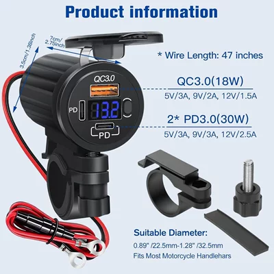 Yeni ikili PD+QC avtomobil/motosiklet şarj cihazı, voltmetrli, sürətli USB şarj, suya davamlı