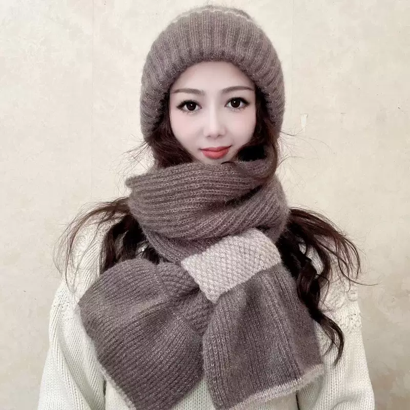 К knitted universal scarf with hood, woolen knitted hat