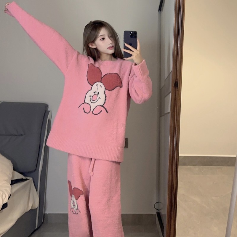 可爱卡通粉色毛绒针织睡衣女冬款2025新款加厚保暖长裤家居服套装|undefined