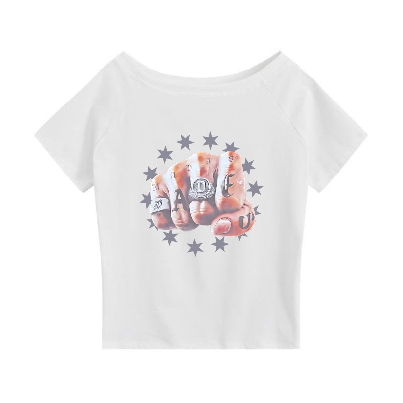 Student Short-Sleeve T-Shirt for Women, Off-Shoulder Letter Print Top, Asymmetrical Shoulder Design, Plus-Size Summer Unique Design Top Student Short-Sleeve T-Shirt for Women, Off-Shoulder Letter Print Top, Asymmetrical Shoulder Design, Plus-Size Summer Unique Design Top
