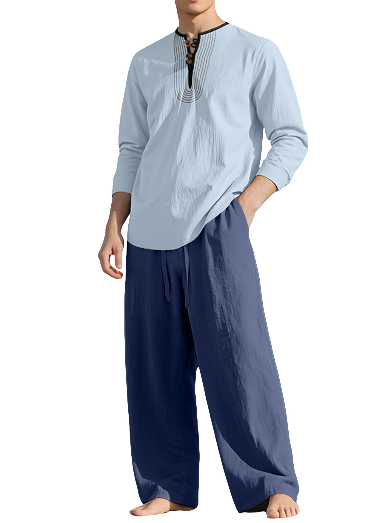 26 fábrica transfronteriza americana cuatro estaciones lino hombre relajado transpirable manga larga camisa de playa set en stock