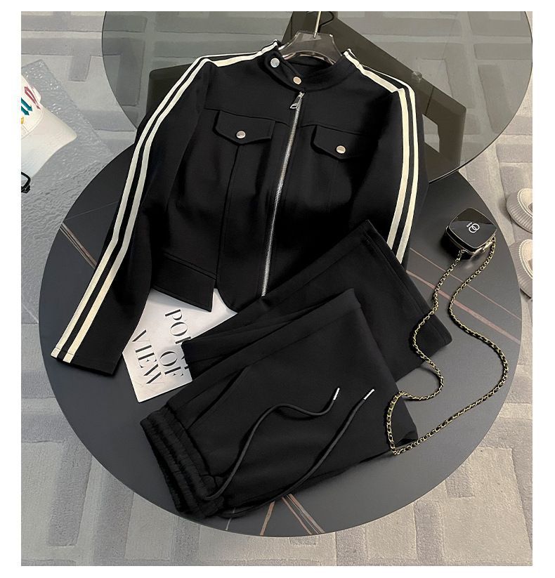 Korean Style Women's Zip-Up Hoodie & Jogger Pants Set - Casual Sporty Outfit (S-2XL, Black/Brown)_ecoleips.com