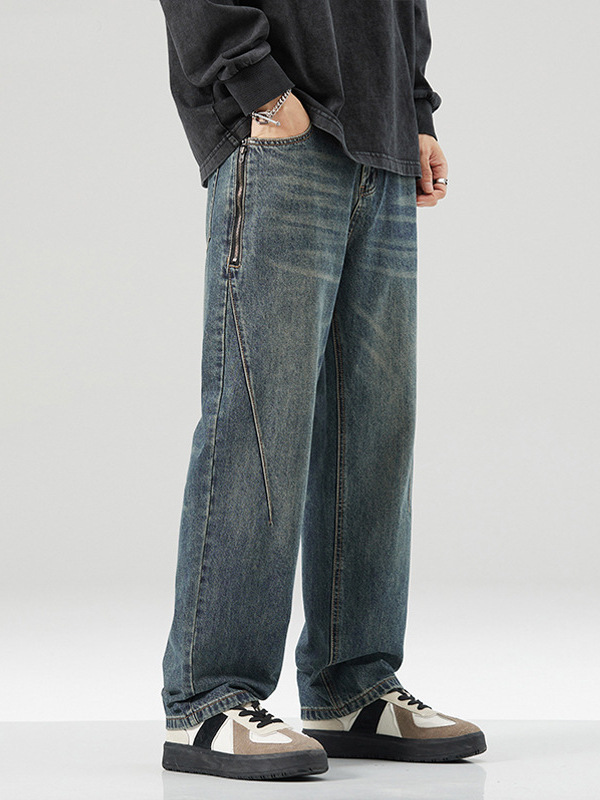 American Retro Jeans Men's Side Pocket Zipper Design Pants Trendy Brand Loose Straight Wide Leg Casual Pants Men