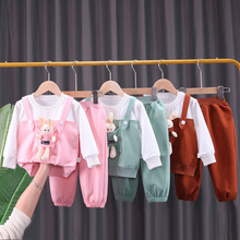 2022春季新款女童圓領衛衣可愛套裝寶寶長袖假背帶兩件套一件代發