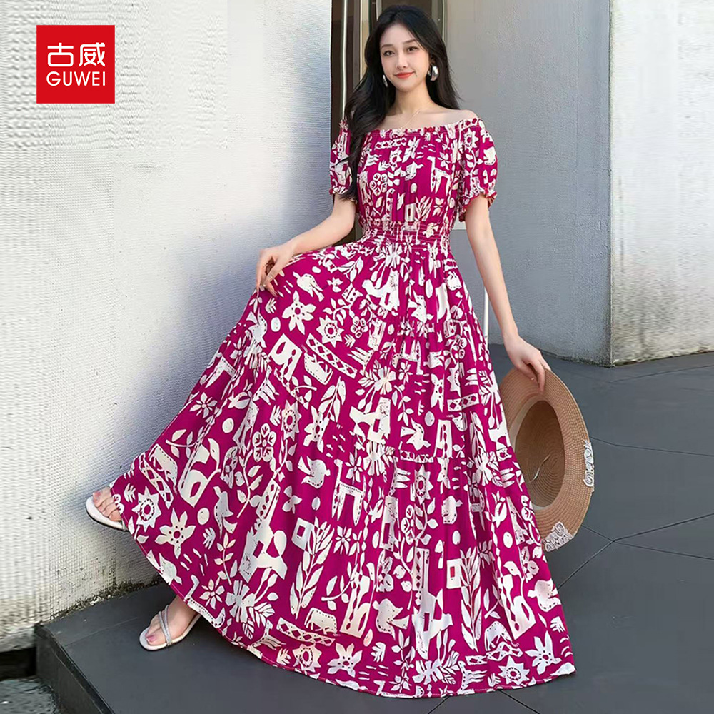 露肩一字领棉绸裙子女夏连衣裙短袖波西米亚海边度假裙旅游沙滩裙