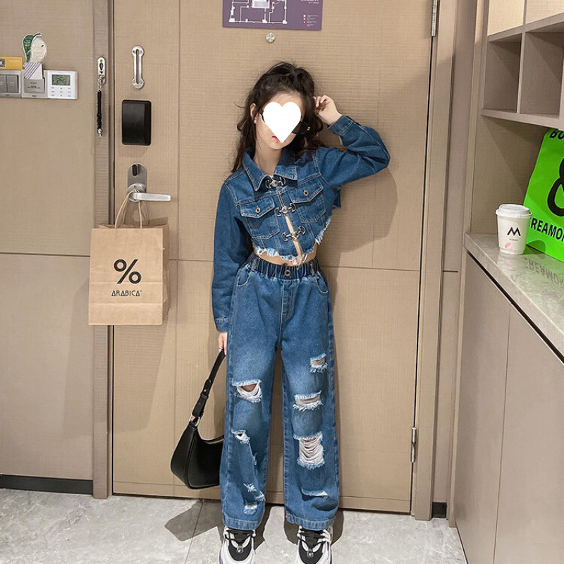 女童牛仔服秋季套装2025新款走秀T台大童潮酷女孩炸街网红二件套