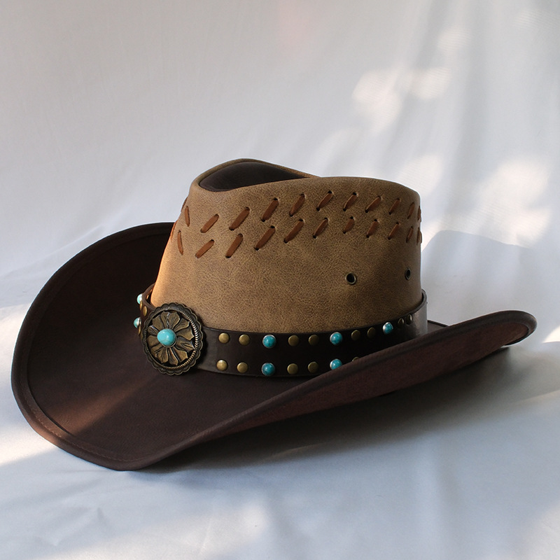 Men's and Women's Turquoise Hat with Distressed Leather Large Brim Horseback Riding American Western Cowboy Hat Sun Protection and Waterproof Cross-Border