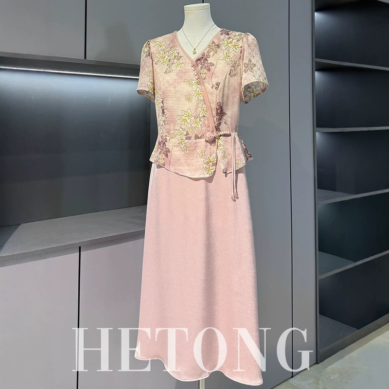 New Chinese-Style Summer Dress for Mothers, Silk Dress for Middle-Aged and Elderly Women, Short-Sleeve National Style Silk Dress for Mother's Day
