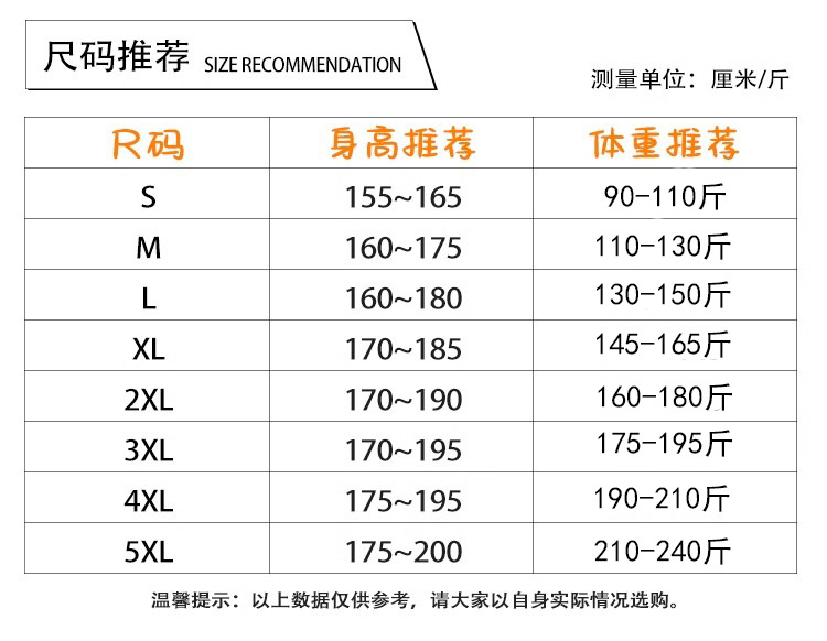 滑雪服最新尺码推荐表