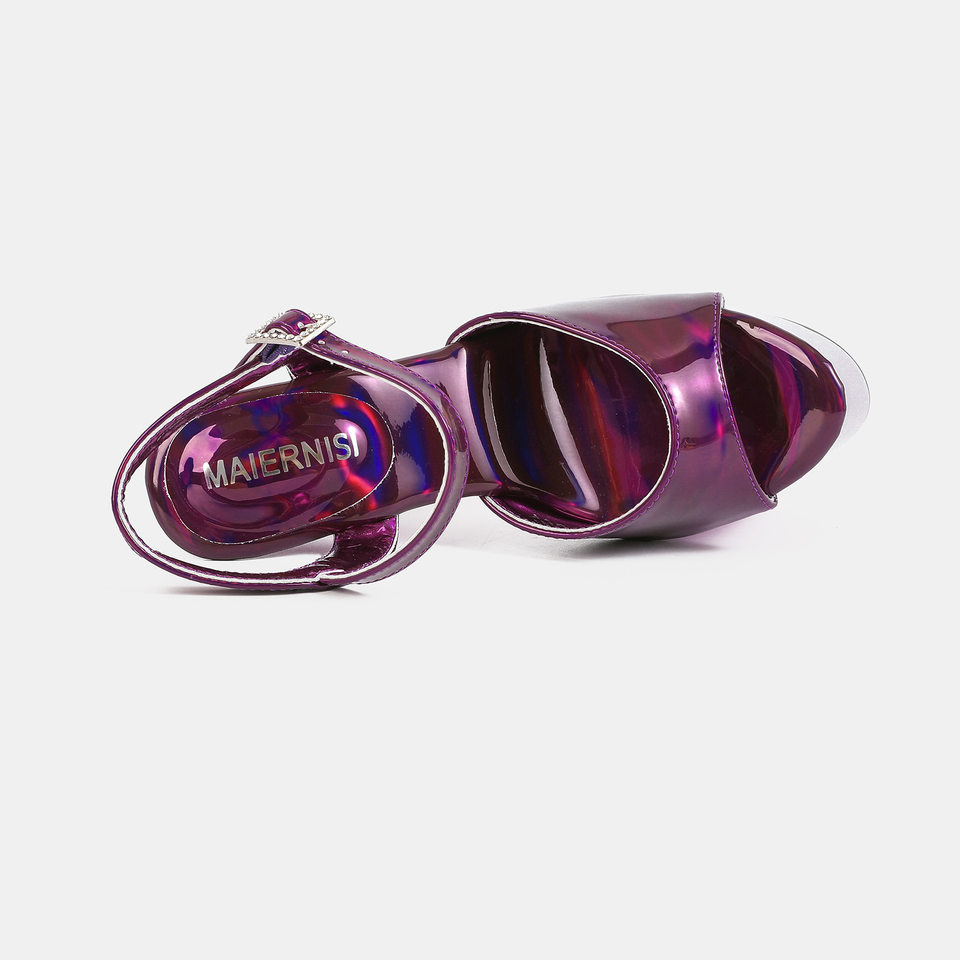 Sandal cao gót nữ mũi hở quai ngang màu trơn, gót nhọn siêu cao — Màu be, Màu hồng, Màu tím, màu đen chi tiết 3