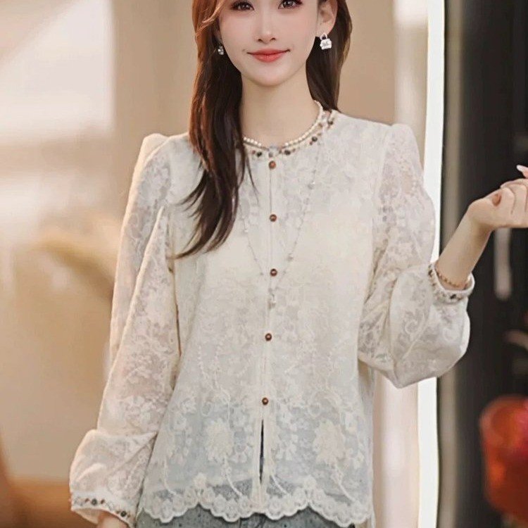 2025 Early Spring New Heavy Industry Embroidered Round Neck Beaded Lace Mesh Shirt Women's Fashion Design Sense Niche Shirt
