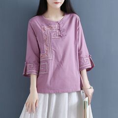2025春复古盘扣亚麻上衣棉麻衬衣女中式圆领刺绣衬衫禅茶服严选