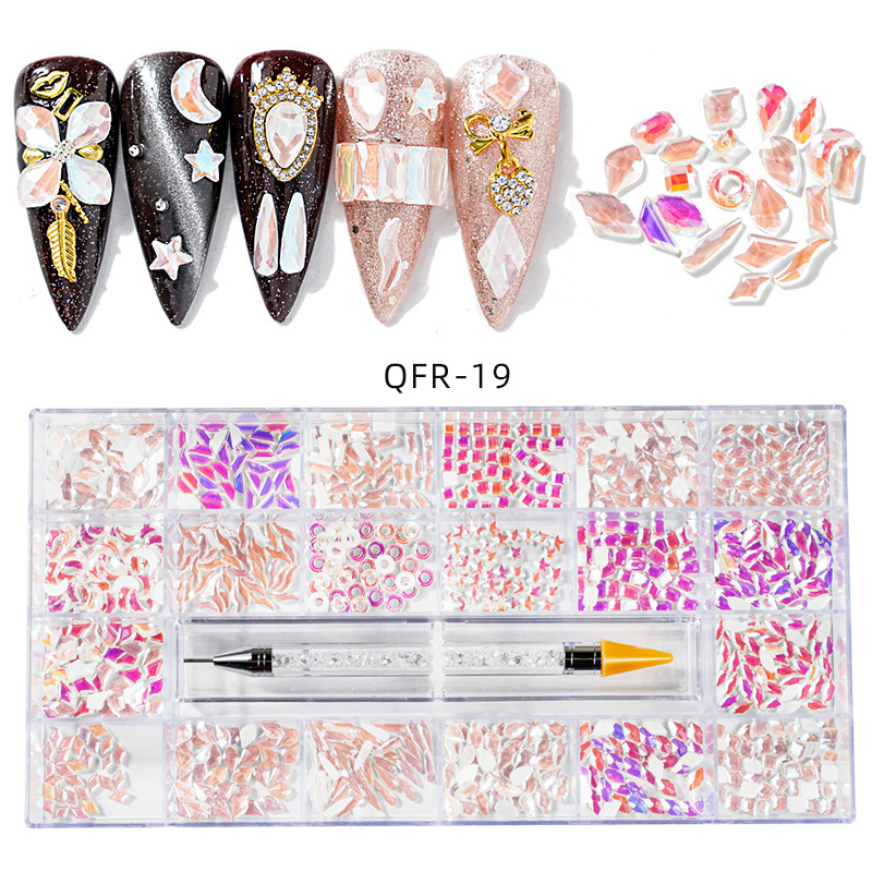 Transfronterizos 21 caja de diamante de agua de forma especial de fondo plano conjunto de joyería de uñas conjunto de pluma de puntuación de doble cabeza