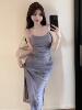 Tie dyed suspender purple dress with pleated buttocks and long skirt
