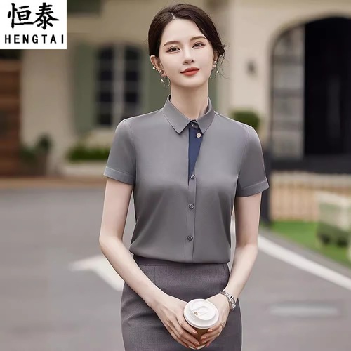 夏季高级感灰色职业装衬衫女气质酒店西餐厅服务员短袖衬衣工作服